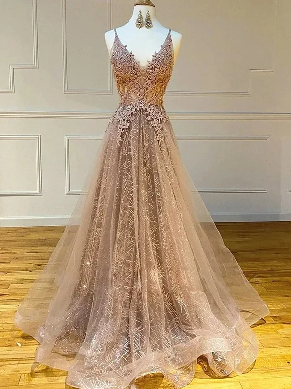 minimalist party dressesA Line V Neck Lace Champagne Long Prom Dresses, Champagne Lace Formal Graduation Evening Dresses