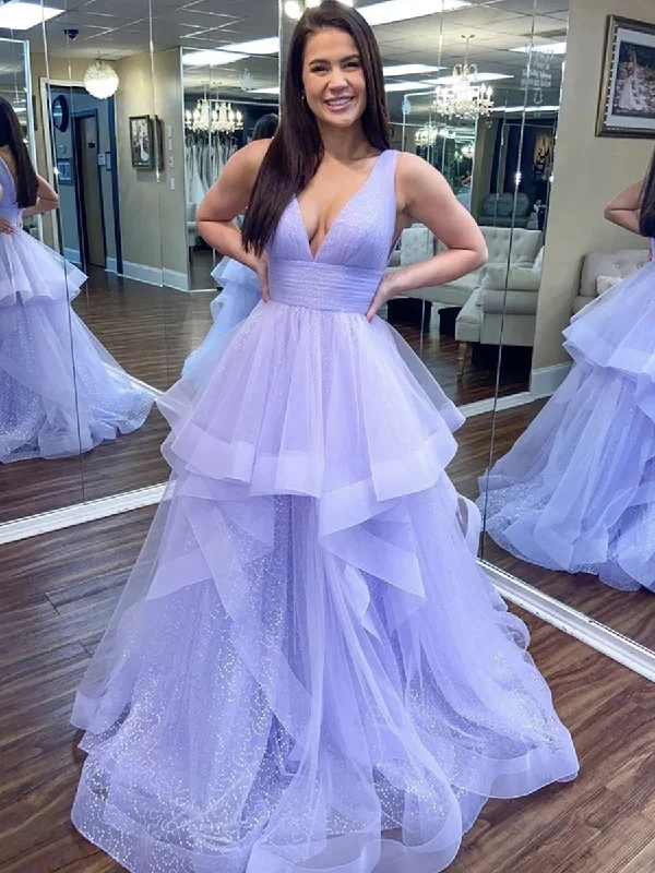 summer party dressesShiny V Neck Purple Long Prom Dresses, Stylish Purple Formal Dresses, Fluffy Lilac Evening Dresses