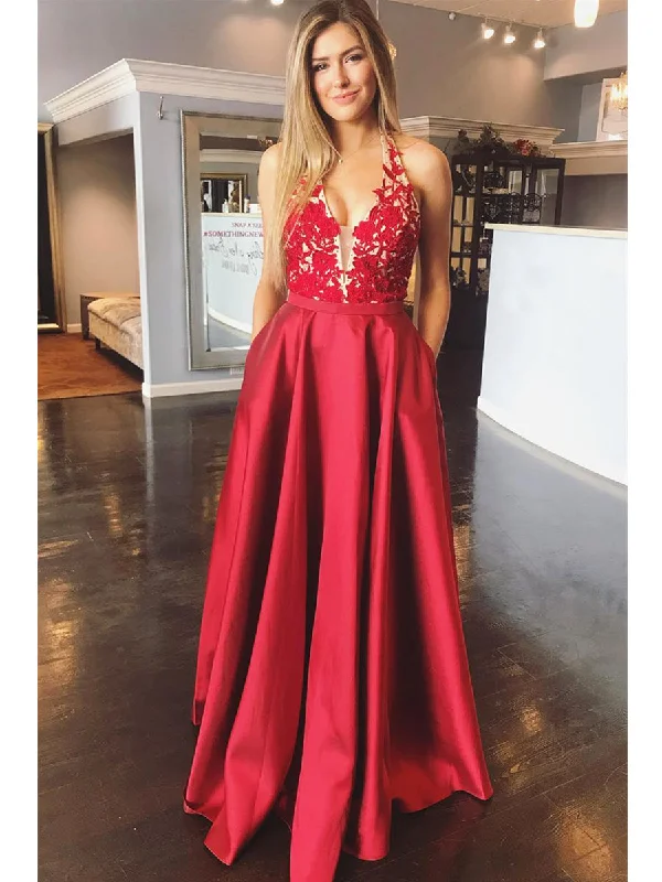 neon party dressesA Line Halter V Neck Backless Lace Appliques Red Prom Dresses, V Neck Red Formal Dresses, Red Lace Evening Dresses 2019