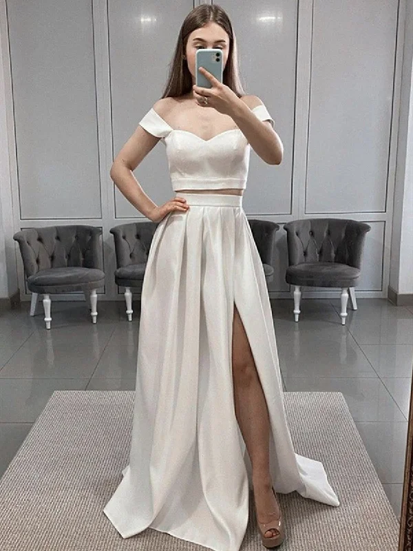 prom party dressesOff Shoulder 2 Pieces White Satin Long Prom Dresses, Two Pieces White Formal Dresses, Off the Shoulder White Evening Dresses