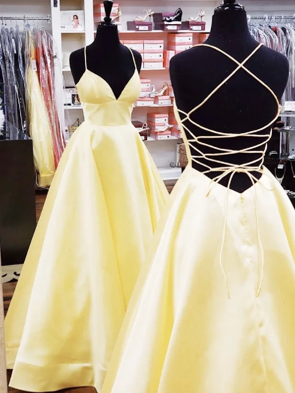 comfortable party dressesA Line V Neck Backless Yellow Long Prom Dresses with Cross Back, Backless Yellow Formal Graduation Evening Dresses