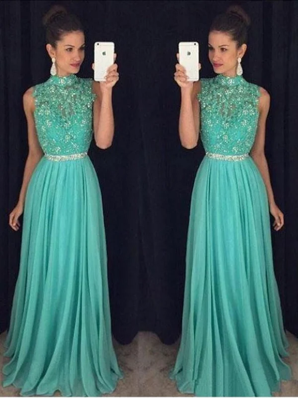 spaghetti-strap party dressesA Line High Neck Backless Lace Appliques Green Long Prom Dresses, Open Back Green Lace Formal Evening Graduation Dresses