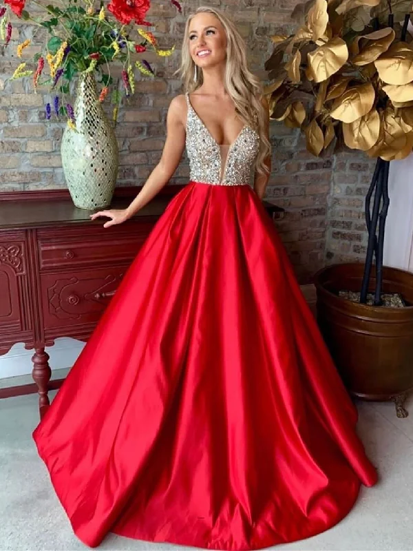 flowy party dressesV Neck Red Long Prom Dresses 2020 with Silver Sequins, V Neck Red Formal Dresses, Red Evening Dresses, Ball Gown