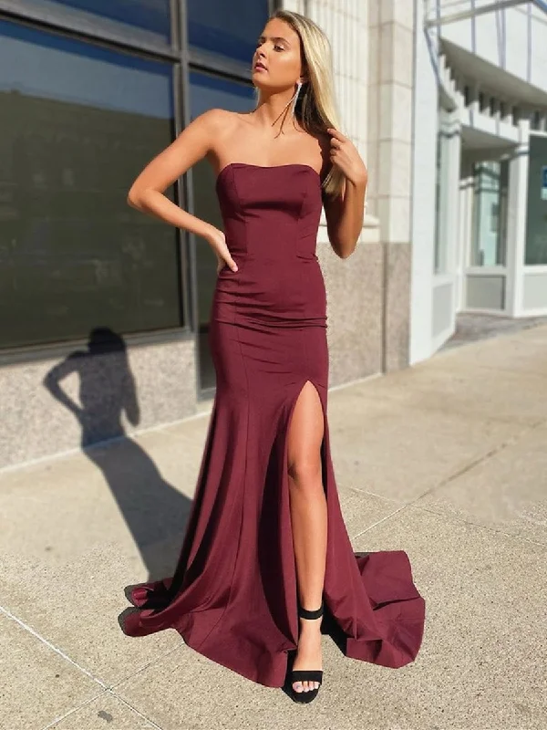 asymmetrical party dressesStrapless Mermaid Burgundy Long Prom Dresses with Corset Back, Mermaid Maroon Formal Dresses with Leg Slit, Mermaid Burgundy Evening Dresses