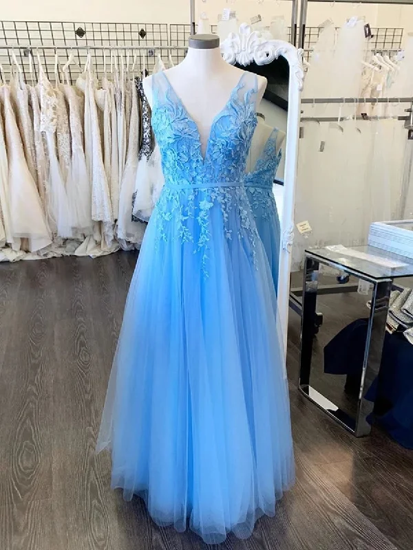 velvet party dressesA Line V Neck Backless Lace Light Blue Long Prom Dresses, V Neck Backless Blue Formal Dresses, Backless Lace Blue Evening Dresses