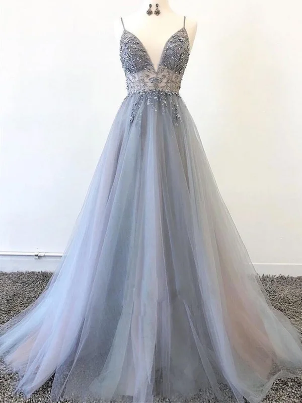 comfortable party dressesA Line V Neck Silver Grey Tulle Beaded Long Prom Dresses, Silver Grey Beaded Formal Graduation Evening Dresses