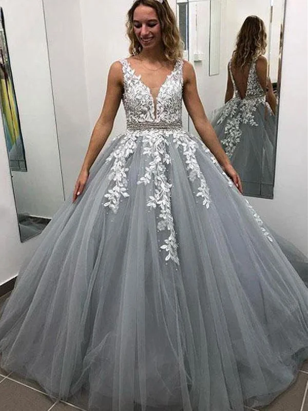 lace-up party dressesA Line V Neck Floor Length Backless Lace Gray Long Prom Dresses, Lace Gray Formal Dresses, V Neck Lace Gray Evening Dresses