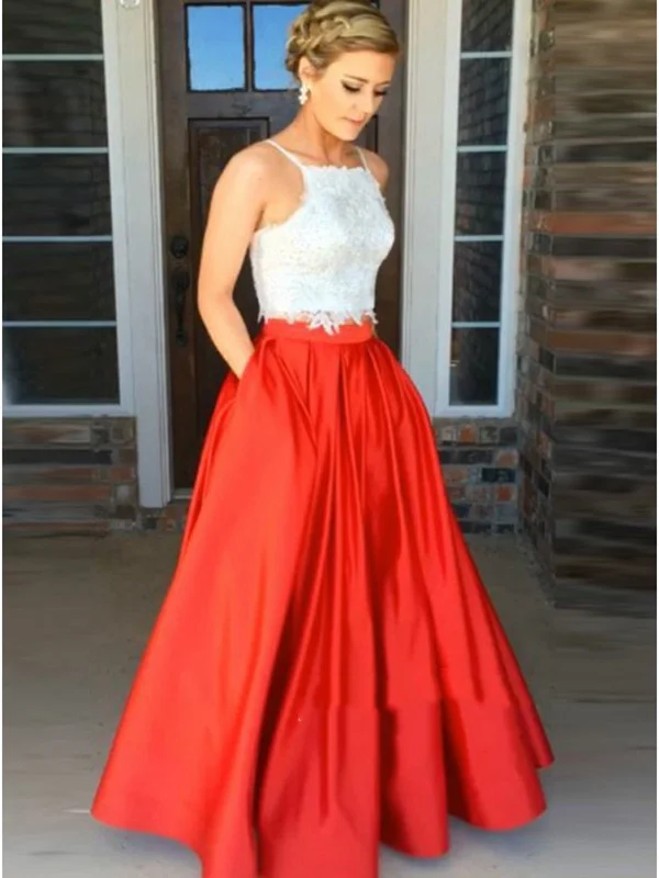 themed party dressesTwo Pieces White Lace Red Prom Dress, Red Formal Dress, Lace Evening Dress