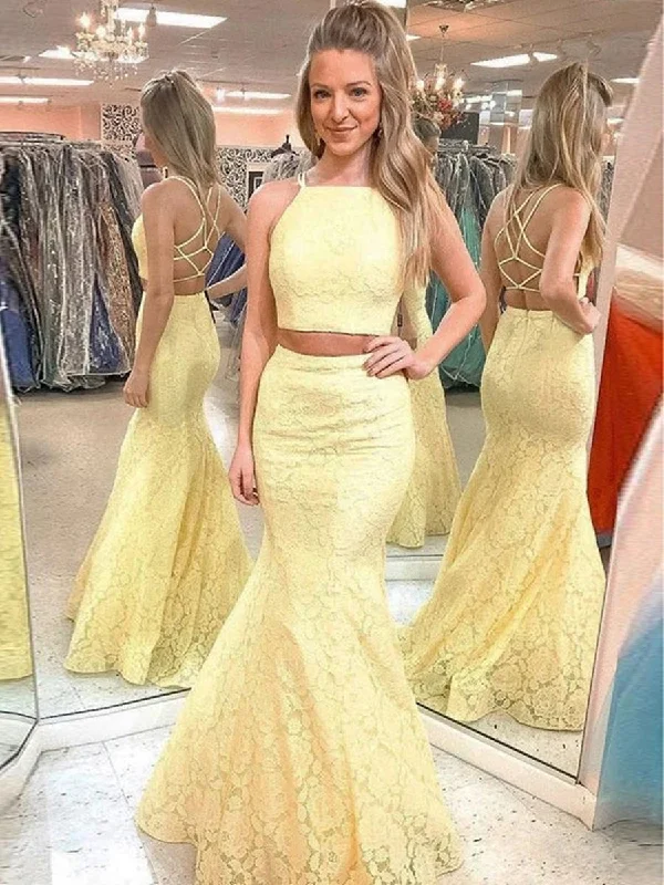 pool party dressesTwo Pieces Mermaid Yellow Lace Prom Dresses, Two Pieces Mermaid Yellow Formal Dresses, Two Pieces Lace Yellow Evening Dresses