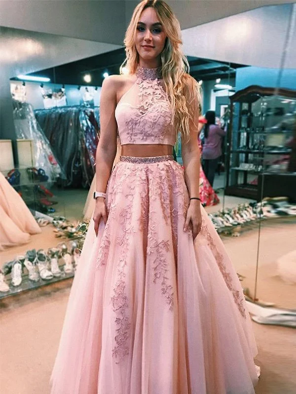 black-tie party dressesHigh Neck Two Pieces Lace Appliques Pink Prom Dresses, Pink Lace Formal Dresses, Two Pieces Pink Evening Dresses