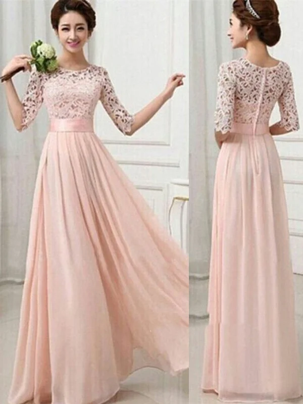 polyester party dressesA Line Round Neck Half Sleeves Pink Lace Long Prom Dresses, Evening Dresses