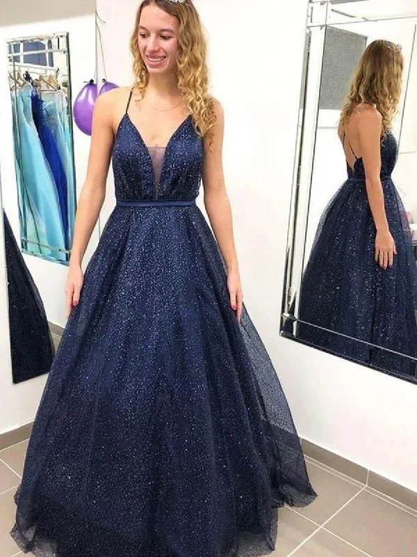 lace party dressesShiny V Neck Backless Navy Blue Long Prom Dresses, Backless Navy Blue Formal Dresses, Sparkly Navy Blue Evening Dresses