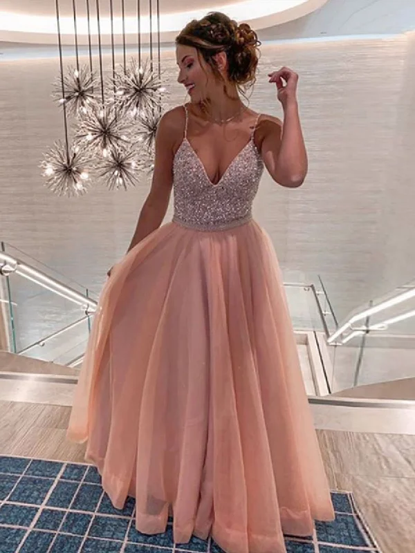 mermaid party dressesA Line V Neck Sequins Pink Long Prom Dresses with Straps, V Neck Pink Formal Graduation Evening Dresses