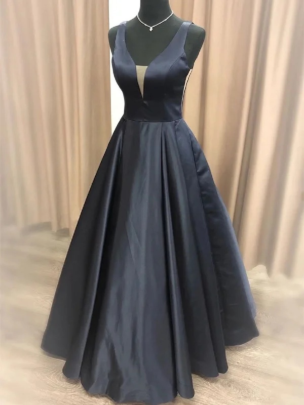 handmade party dressesSimple A Line V Neck Black Long Prom Dresses, Black Formal Graduation Evening Dresses