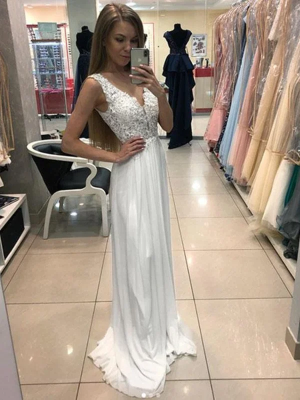 sweetheart-neck party dressesA Line V Neck Lace Beading White Chiffon Long Prom Dresses, White Lace Formal Dresses, V Neck Lace White Evening Dresses