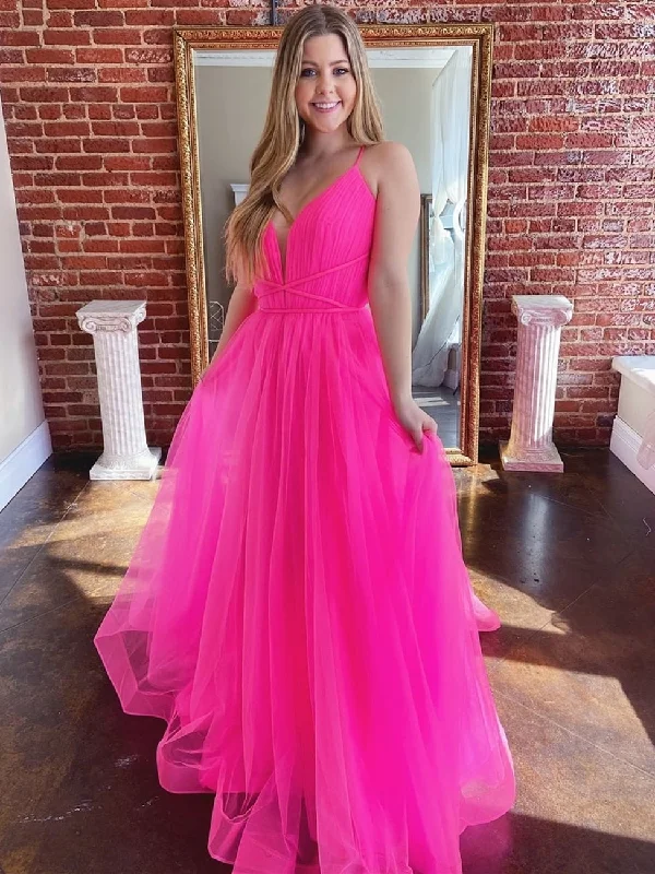 prom party dressesStylish Deep V Neck Backless Hot Pink Long Prom Dresses, Open Back Hot Pink Formal Graduation Evening Dresses