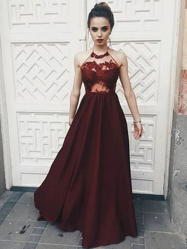 affordable luxury party dressesA Line Halter Neck Backless Floor Length Lace Maroon Long Prom Dresses, Maroon Lace Formal Dresses, Evening Dresses