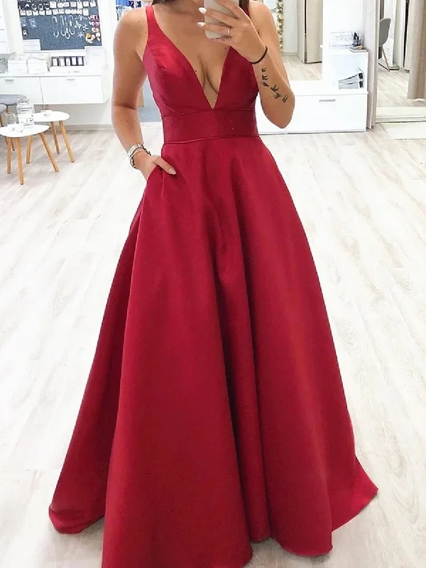 midi party dressesA Line V Neck Burgundy Long Prom Dresses, V Neck Burgundy Formal Dresses, Burgundy Evening Dresses