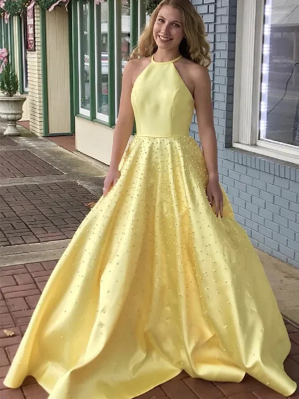 flutter-sleeve party dressesA Line Yellow Satin Beaded Long Prom Dresses, Yellow Formal Graduation Evening Dresses