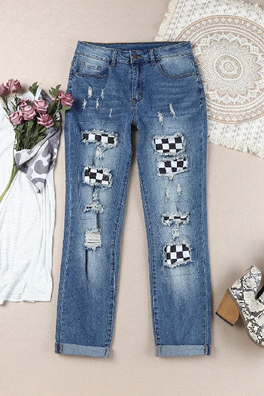 women's denim jeans for partiesCheckered Patchwork Mid Waist Distressed Jeans