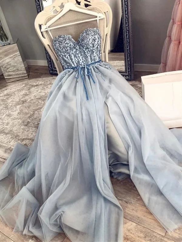 winter party dresses (with tights)Strapless Sweetheart Neck Beaded Blue Long Prom Dresses with High Slit, Blue Formal Dresses, Evening Dresses