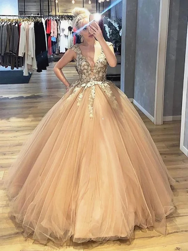 tall party dressesV Neck Lace Champagne Prom Dresses, Lace Champagne Formal Dresses, Champagne Evening Dresses, Ball Gown