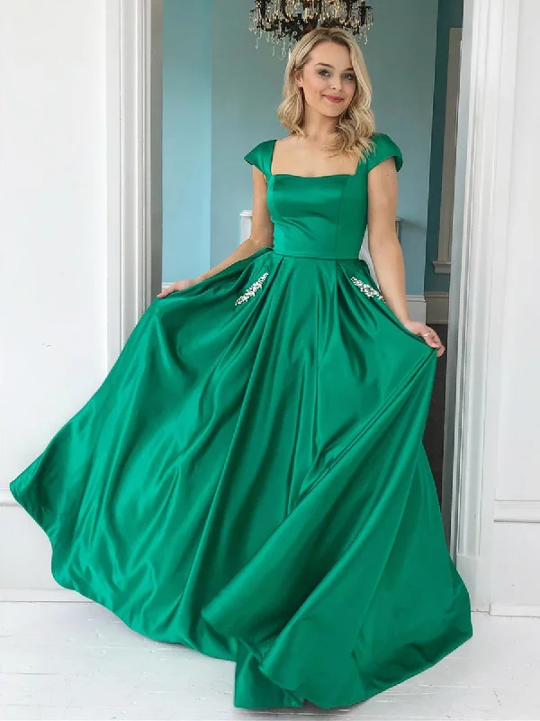 curve-hugging party dressesCap Sleeves Green Satin Long Prom Dresses with Pocket, Green Formal Graduation Evening Dresses