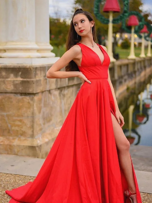 one-shoulder party dressesA Line V Neck Satin Long Red Prom Dresses with High Slit, V Neck Red Formal Dresses, Red Evening Dresses