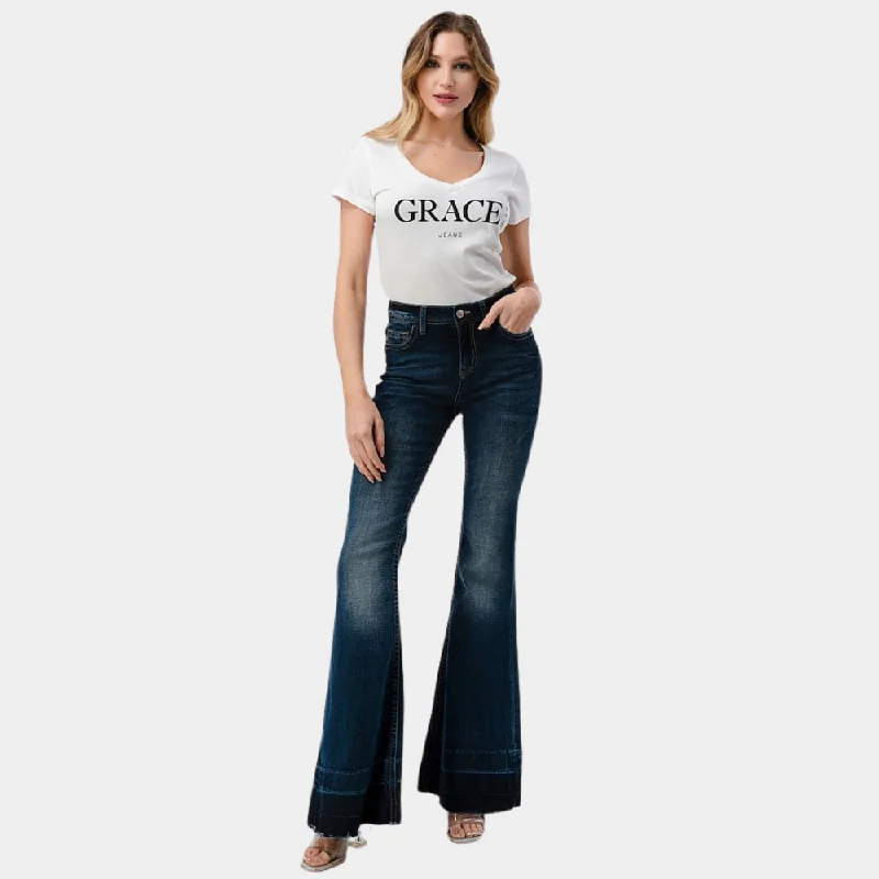 women's denim jeans for business casualGrace In La Two Tones Botto High Waist Flare Jeans