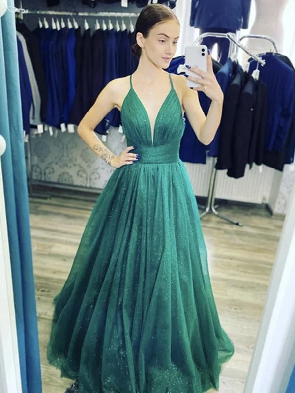 plus-size friendly party dressesShiny V Neck Dark Green Long Prom Dresses, Dark Green Formal Graduation Evening Dresses