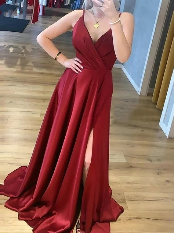 statement-making party dressesA Line V Neck Burgundy Long Prom Dresses with Leg Slit, V Neck Burgundy Formal Graduation Evening Dresses