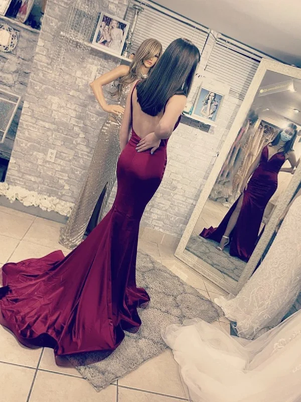 sustainable party dressesMermaid V Neck Backless Burgundy Long Prom Dresses, Mermaid Burgundy Formal Dress, Burgundy Evening Dress