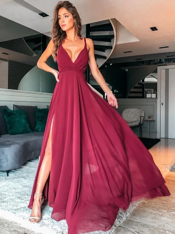 homecoming party dressesSimple A Line V Neck Burgundy Long Prom Dresses with Split, Burgundy Formal Graduation Evening Dresses