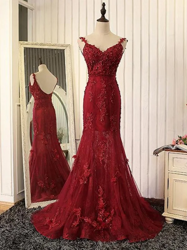 bohemian party dressesV Neck Mermaid Backless Burgundy Lace Tulle Long Prom Dresses with Train, Burgundy Lace Formal Dresses, Burgundy Evening Dresses