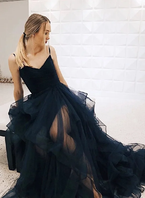 tulle party dressesPrincess V Neck Dark Navy Blue Tulle Long Prom Dresses, V Neck Dark Navy Blue Formal Dresses, Navy Blue Evening Dresses