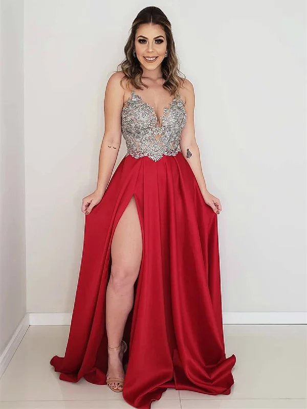 cotton party dressesA Line V Neck Backless Lace Appliques Red/Light Blue Prom Dresses with Slit, Lace Backless Red/Light Blue Formal Dresses, Lace Evening Dresses