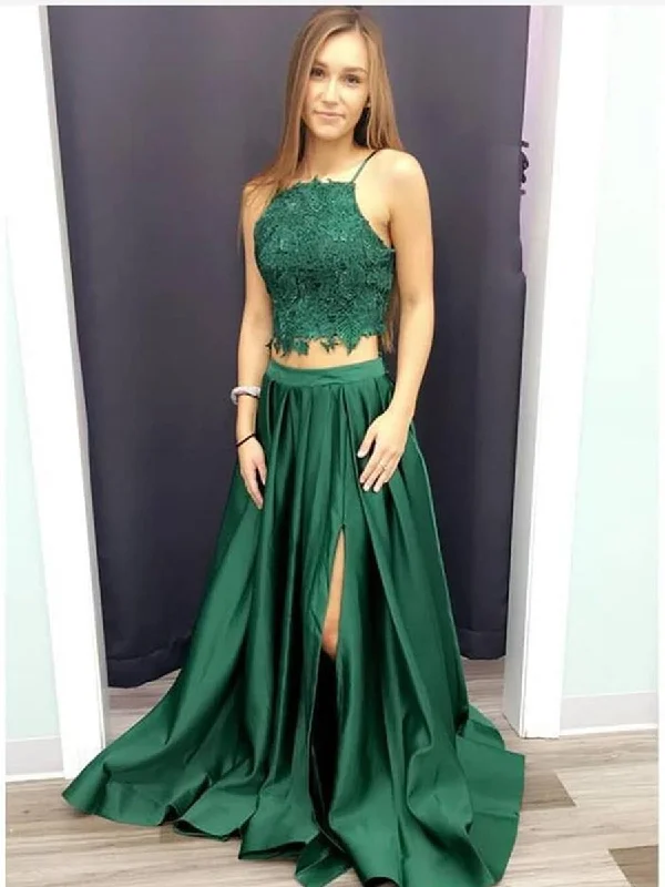 flowy party dressesA Line Halter Neck Two Pieces Lace Green Prom Dresses with Leg Slit, Lace Green Formal Dresses, Evening Dresses