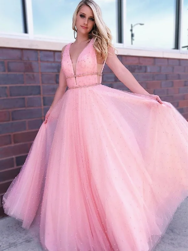 off-the-shoulder party dressesA Line V Neck Beaded Tulle Long Pink Prom Dresses with Beadings, V Neck Pink Formal Dresses, Pink Evening Dresses