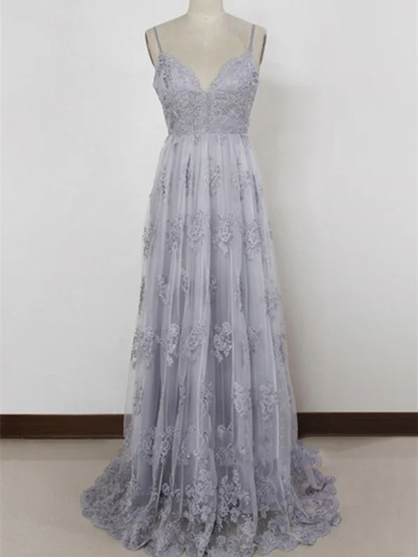 stylish party dressesGrey A Line Sweetheart Neck Backless Lace Prom Dress, Grey Lace Formal Dress, Backless Evening Dress