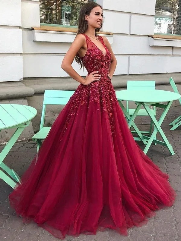 metallic party dressesV Neck Burgundy Floral Long Prom Dresses, 3D Flower Burgundy Long Formal Evening Dresses