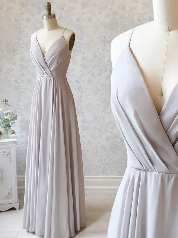 spaghetti-strap party dressesSimple A Line V Neck Long Gray Prom Dresses, V Neck Gray Formal Graduation Evening Dresses