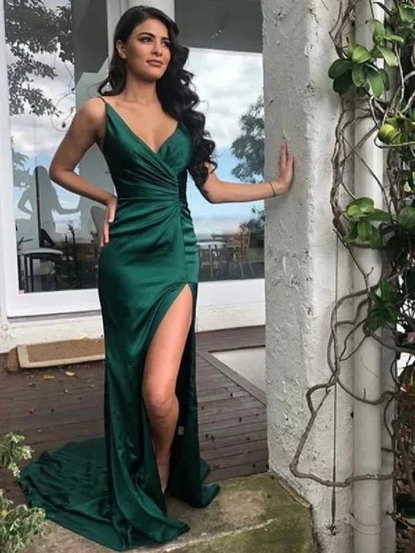 affordable party dressesNewest V Neck Mermaid Emerald Green Long Prom Dresses with Split, Mermaid Emerald Green Formal Dresses, Emerald Green Evening Dresses