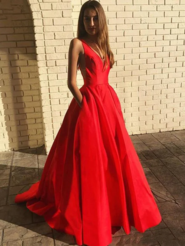 bold color party dressesA Line V Neck Open Back Red Long Prom Dresses with Pocket, Backless Red Formal Graduation Evening Dresses