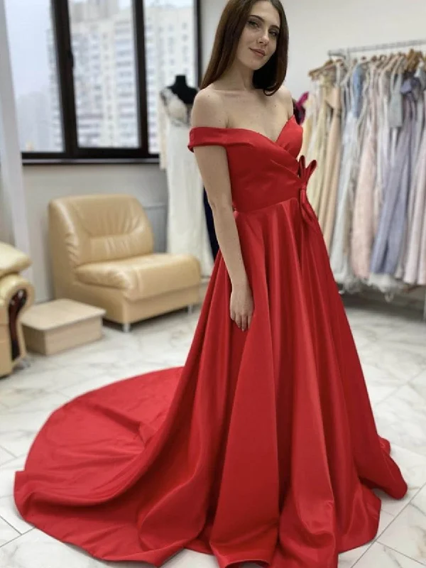 handmade party dressesOff Shoulder Red Satin Long Prom Dresses, Off the Shoulder Red Formal Dresses, Red Evening Dresses