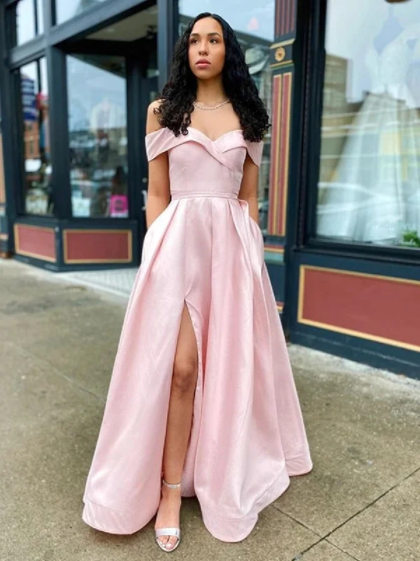 long party dressesSimple Off Shoulder Pink Long Prom Dresses with Slit, Off Shoulder Pink Formal Dresses, Pink Evening Dresses