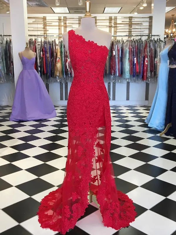 elegant party dressesRed Mermaid One Shoulder Lace Long Prom Dresses with High Slit, Mermaid Red Lace Formal Dresses, Lace Red Evening Dresses