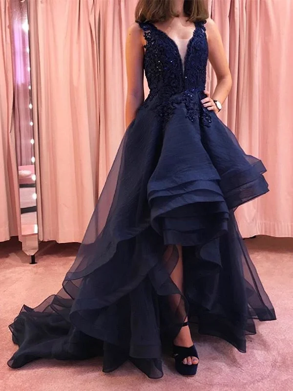 mother-of-the-bride party dressesHigh Low V Neck Lace Navy Blue Long Prom Dresses, V Neck High Low Lace Dark Blue Formal Dresses, High Low Navy Blue Lace Evening Dresses