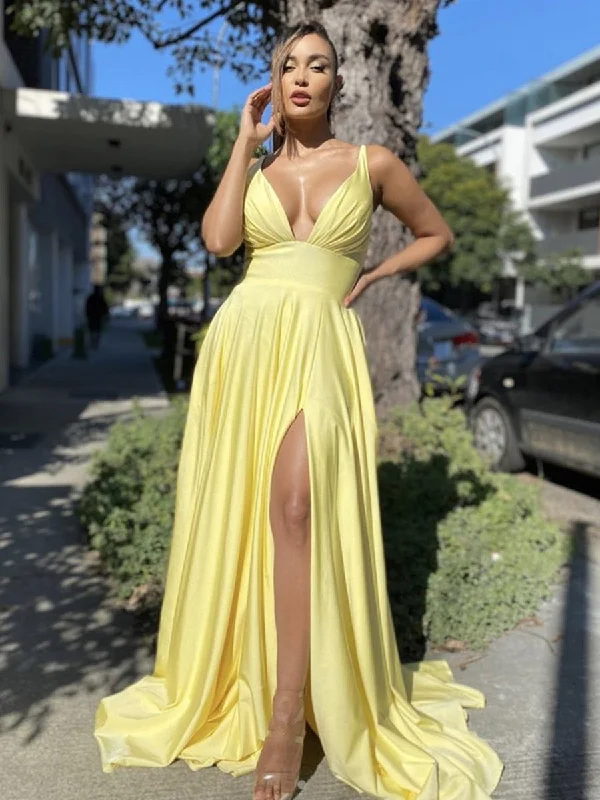 curve-hugging party dressesSexy V Neck Backless Yellow Long Prom Dresses with Split, Backless Yellow Formal Dresses, Yellow Graduation Evening Dresses