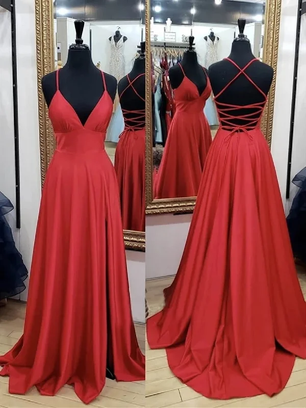 sequined party dressesA Line V Neck Backless Red Long Prom Dresses, Backless Red Fromal Dresses, Red Evening Dresses