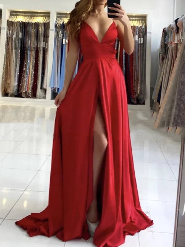 glam party dressesA Line V Neck Backless Long Red Prom Dresses with High Slit, Backless Red Formal Graduation Evening Dresses